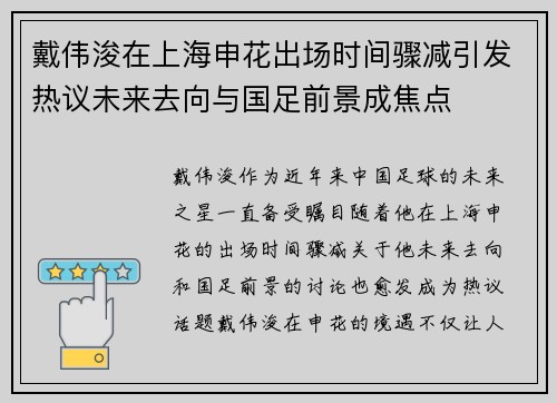 戴伟浚在上海申花出场时间骤减引发热议未来去向与国足前景成焦点